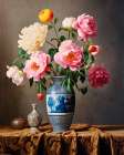 Peonies in porcelain vase.  (AI Generated) Art Print